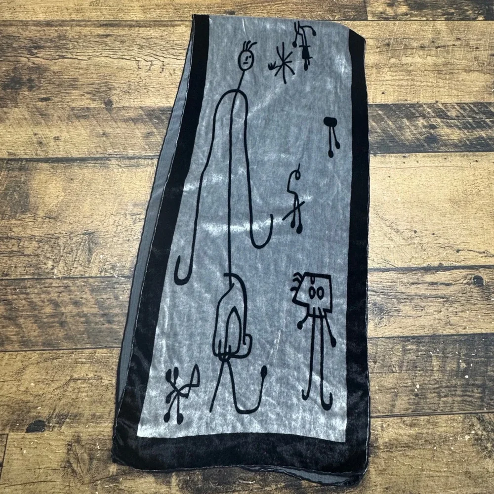 Joan Miro Unique Black and Grey‎ Abstract Figure Velour Scarf Shawl